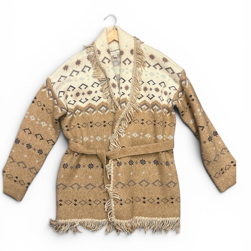 Lucky Brand Tan and Cream Fringe Belted Knit Coatigan Southwest Cotton Blend L